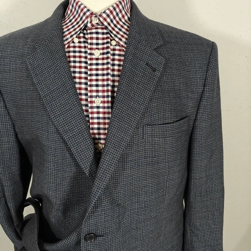 JOS A BANK Men's Flannel Sport Coat Blazer Two‎ Button Navy Houndstooth Wool 46R